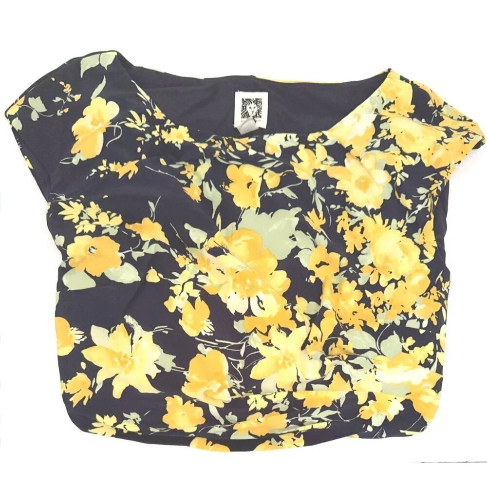 Anne Klein Womens Blue Yellow Floral Boat Neck Side Pleat Sheath Dress Sz 8 New